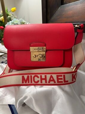 Michael Kors Sloan Editor Red Leather Crossbody with Branded Canvas Strap